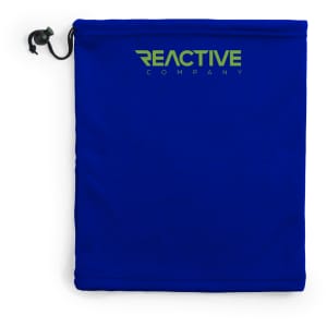 A blue neck warmer and hat set with a logo and a drawstring closure.