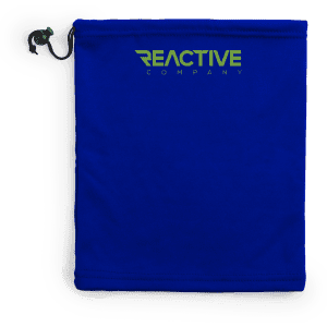 A blue neck warmer and hat set featuring a logo and a drawstring closure. Suitable for colder weather.