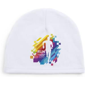 A white beanie hat with a colourful graphic design featuring a silhouette and abstract shapes. It has a logo.