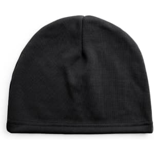 A black beanie hat with a smooth exterior and a snug fit, featuring a logo on the side.