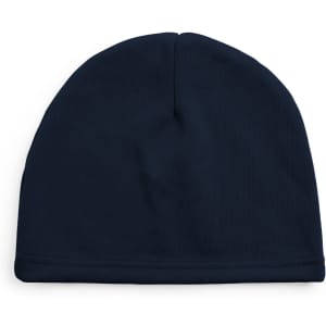 A navy beanie hat featuring a simple design and a branding logo.