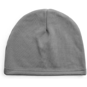 A grey beanie-style hat made from soft fabric, featuring a simple design and a logo.