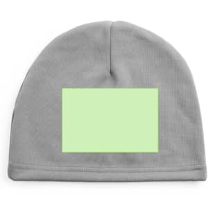 A grey beanie hat featuring a light green blank rectangular patch for customization.