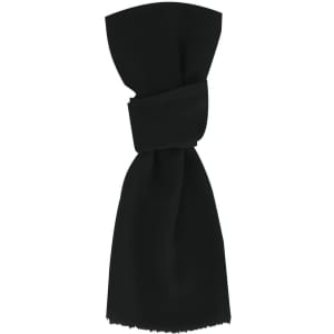 A black scarf, featuring a twisted design and frayed ends. The product includes a logo.