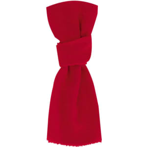 A red ribbed scarf with a tied knot in the centre, featuring a simple, elegant design.