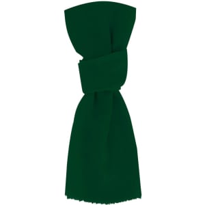 A dark green scarf with a knotted design, featuring a frayed edge. The product includes a logo.