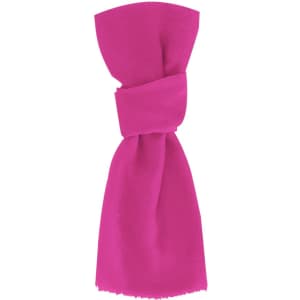 A bright pink scarf, neatly tied, made of soft material, featuring a simple design and raw edges.