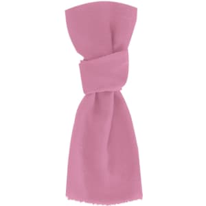 A pink scarf with a tied knot, featuring a soft and textured fabric. There is a logo present.