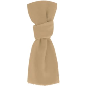 A tan scarf with a knotted design and frayed edges, featuring a branding logo.