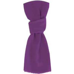 A purple scarf with a knotted design and frayed edges, featuring a branding logo.