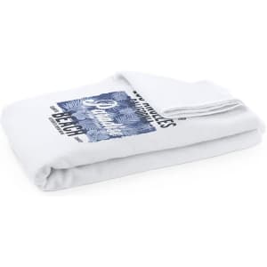 A folded white towel featuring a blue graphic and logo, designed for leisure and gym use.