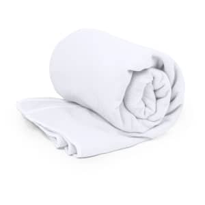 A rolled white towel with a smooth texture, suitable for gym and outdoor activities, featuring a logo.