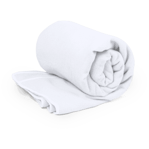 A rolled white towel with a textured surface, designed for gym and outdoor activities. It features a logo.