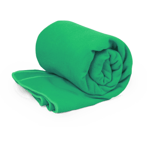 A rolled green absorbent towel designed for leisure and outdoor activities, featuring a textured surface.