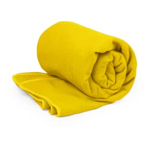 A rolled yellow towel with a smooth texture, featuring a logo on the surface. Suitable for gym use.