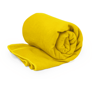 A rolled yellow towel with a textured finish, featuring a simple, clean design. It has a logo.