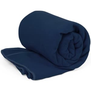 An absorbent navy towel rolled up, featuring a soft texture and a simple design with a branding logo.