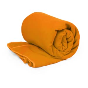 An orange, rolled-up towel with a smooth texture, suitable for leisure and outdoor use. Features a logo.