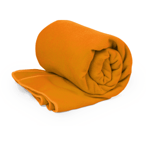 An orange absorbent towel rolled up neatly, designed for leisure and outdoor activities.