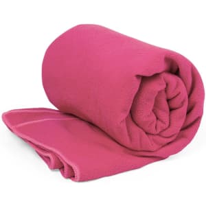 A pink absorbent towel rolled neatly, designed for leisure and outdoor activities like gym use.
