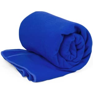 A rolled blue towel with a textured surface, featuring a simple edge seam and a logo.