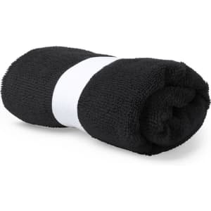 A black absorbent towel rolled up with a white band around it, featuring a logo.