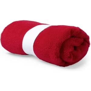 A rolled red towel with a white band around it, designed for cooling purposes during leisure activities.