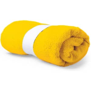 A rolled yellow absorbent towel featuring a white band. Suitable for leisure and outdoor activities.