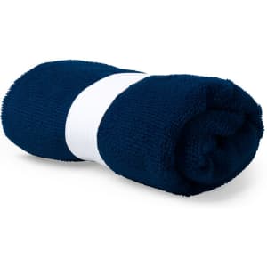 A rolled navy blue absorbent towel secured with a white band, featuring a logo.