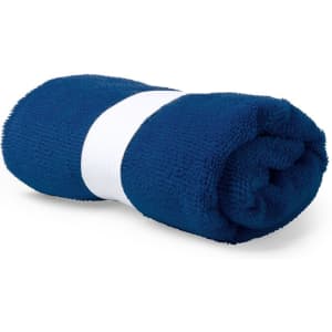 A rolled-up blue absorbent towel, featuring a white band around its centre, with a logo visible.