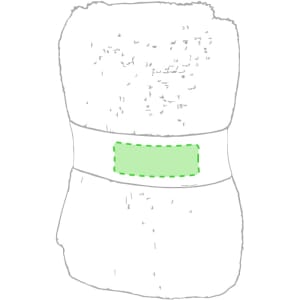 A green absorbent towel, neatly folded and secured with a band, featuring a branding logo.