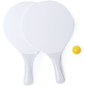 Two white beach rackets with smooth handles and a small yellow ping pong ball. The item includes a logo.