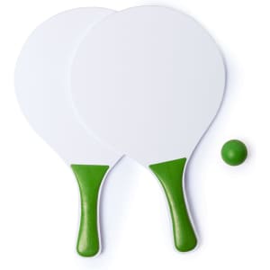 Two white beach rackets with green handles and a small green ball, all arranged on a white background.