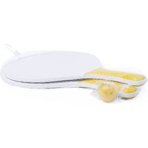Two white beach rackets with yellow handles and two yellow balls, packaged together with a transparent covering.