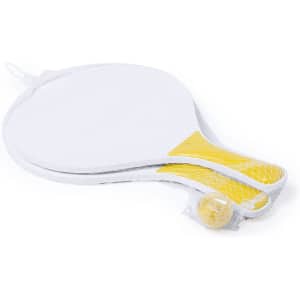 Two white beach rackets with yellow grips, accompanied by a yellow ball, packaged in a mesh cover.