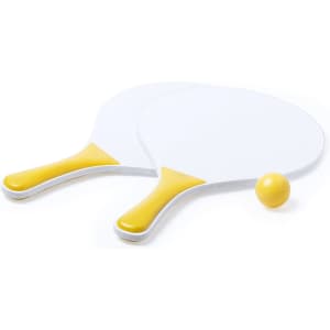 Two white beach rackets with yellow handles and a yellow ball. The rackets are designed for outdoor leisure activities.