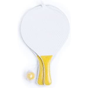 A set of white beach rackets with yellow handles, packaged with a small yellow ball and netting.