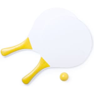 Two white beach rackets with yellow handles and a yellow ball positioned between them.