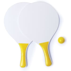 Two white beach rackets with yellow handles and a small yellow ball. The set is designed for outdoor leisure activities.
