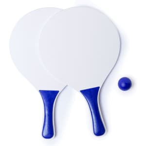 Two blue-handled beach rackets and a blue ball on a white background. Each racket has a smooth, white surface.