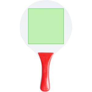 A red-handled paddle with a round white surface and a blank green square in the centre. It features a simple design.