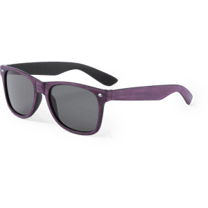Purple sunglasses with dark lenses, featuring a stylish design and a logo on the side. Perfect for leisure and outdoors.