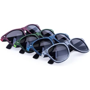 A set of Leychan sunglasses in red, green, blue, and grey, featuring a stylish design and a logo.