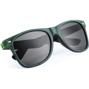 Green patterned sunglasses with dark lenses. Features a logo on the side.
