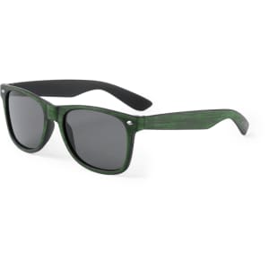 Green sunglasses with black arms and a logo on the side.