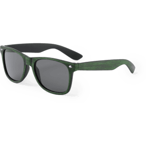 Green sunglasses with a sleek design, featuring dark lenses and a logo on the arm.