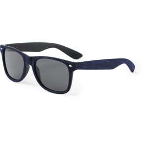 A pair of navy blue sunglasses with dark lenses and a simple logo on the arm.