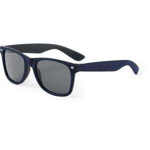 Navy blue sunglasses with grey lenses and a logo on the temple, designed for leisure and outdoor use.