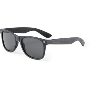 A pair of black sunglasses with a wood-like texture design and grey lenses. Features a logo on the side.