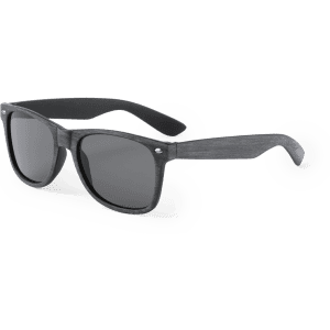 Sunglasses with dark grey frames and lenses, featuring a simple design and a logo on the side.